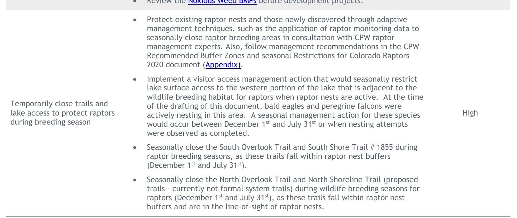 Resource Stewardship Plan PDF page 222 listing temporary raptor trail and lake-access closures as High priority