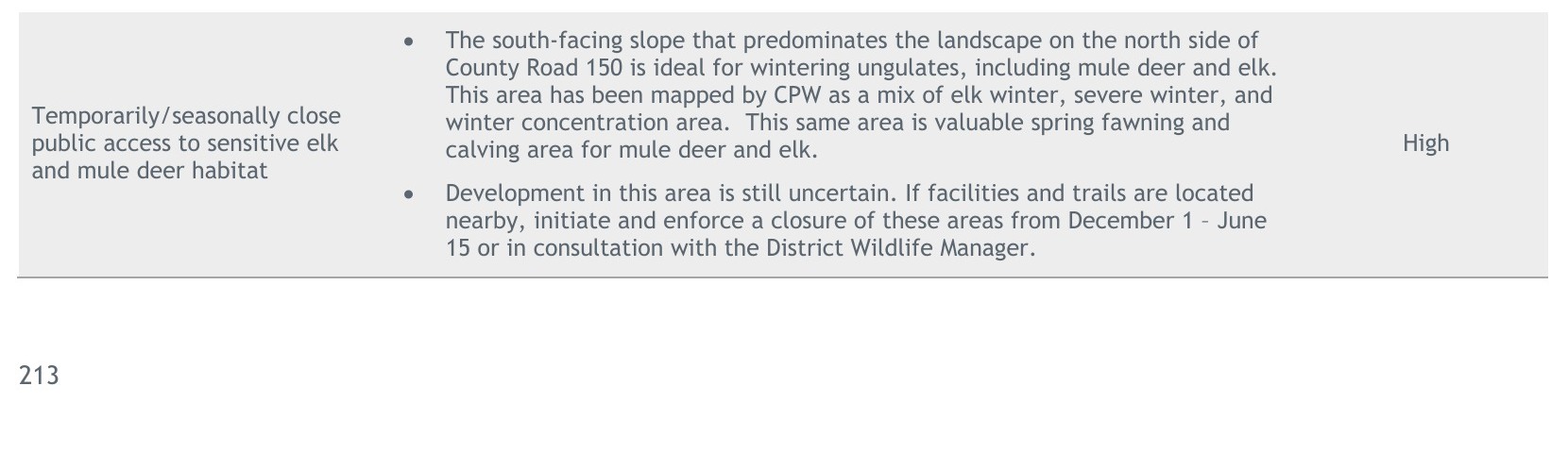 Resource Stewardship Plan PDF page 223 listing temporary or seasonal closure of sensitive elk and mule deer habitat as High priority